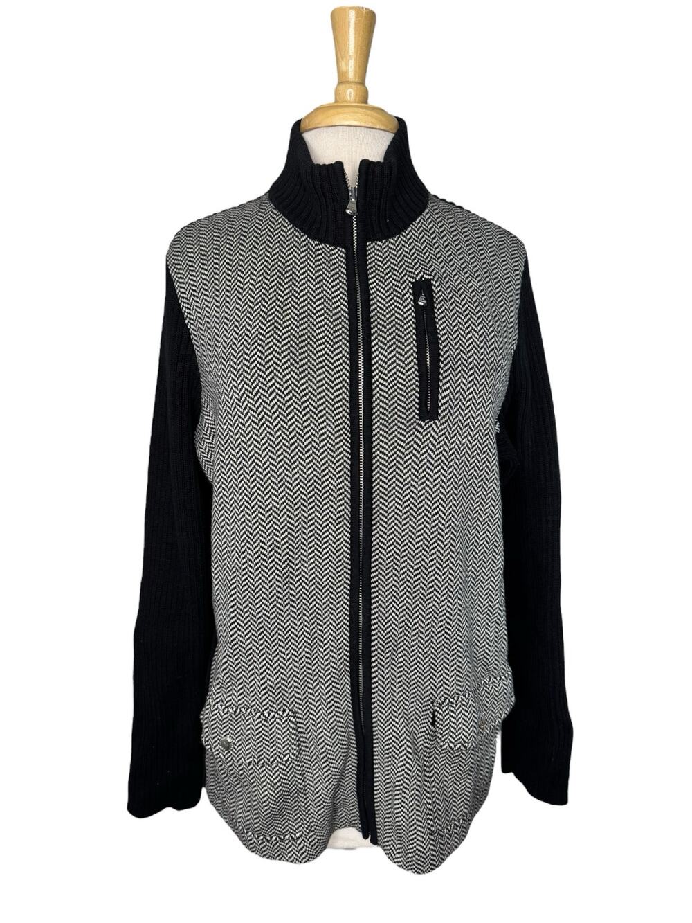 RALPH LAUREN LRL Herringbone Colorblock Zip Cardigan Sweater Size 1X Black White